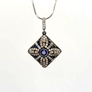 Round 3.00cttw Sapphire & White Round Zircon  .925 Silver Pendant 16"